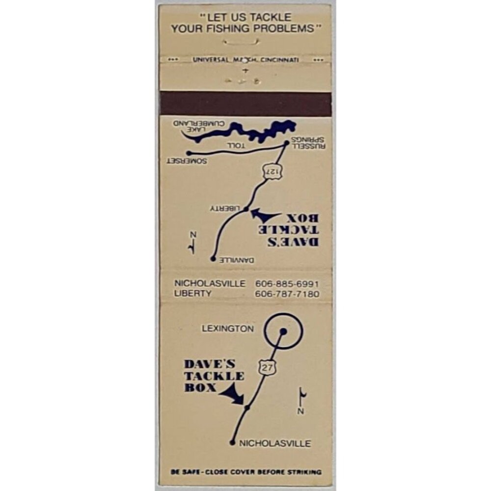 Vintage Matchbook Cover Dave’s Tackle Box Nicholasville Liberty KY Kentucky Map